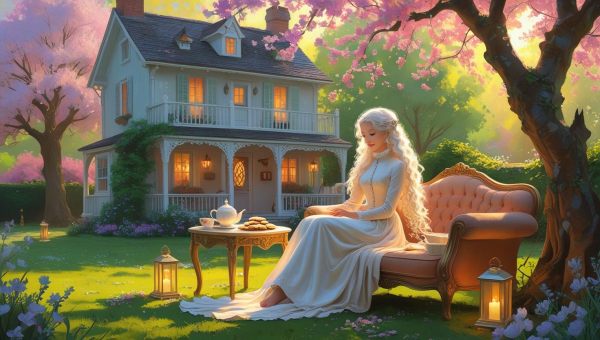 beautiful cozy little two-storeyed house is in the beautiful garden. Beautiful young woman with white curly hair is sitting on the sofa under a flower tree. She is in a long dress with stand collar. There is  (4).jpg