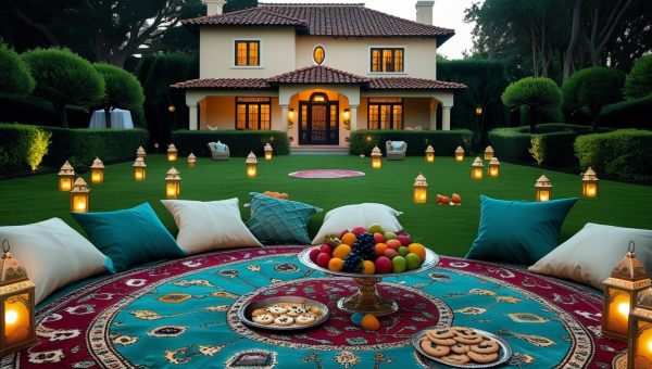beautiful twostoreyed house is in the beautiful garden. There is a round carpet on the grass. There is a plate with fruits on the plate on the carpet and a plate with cookies. There are many little lantern lamps .jpg