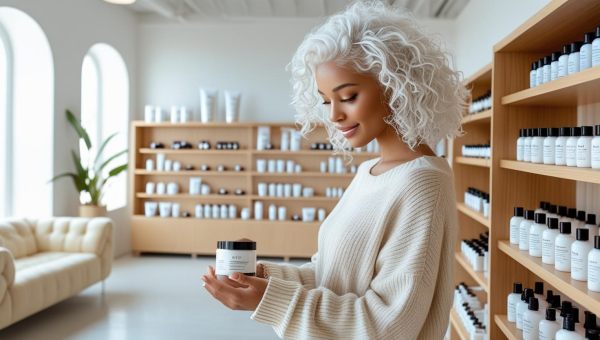 Beautiful young woman with white curly hair is in the skincare store. There are creams and toners on the shelves. There is a cosy sofa in the store..jpg