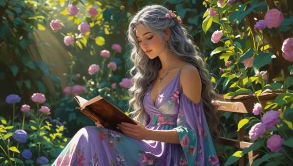 Young beautiful woman in long floral dress sitting in the garden and reading a book. She has beautiful curly grey hair..jpg